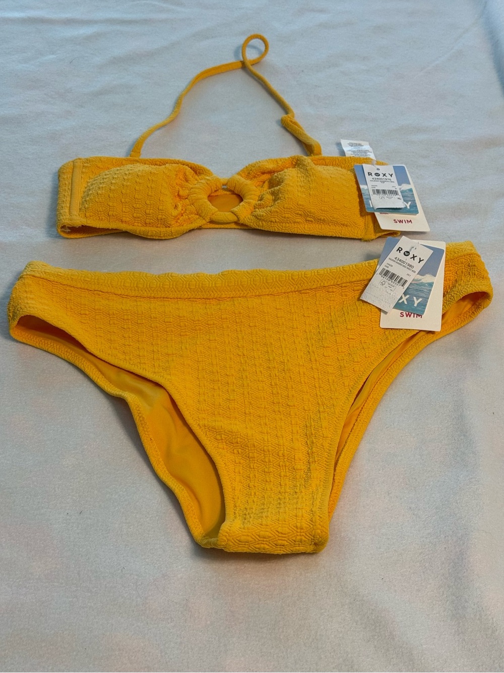 Roxy Yellow Textured Bandeau Bikini with Ring Accent. Top Medium/Bottom L